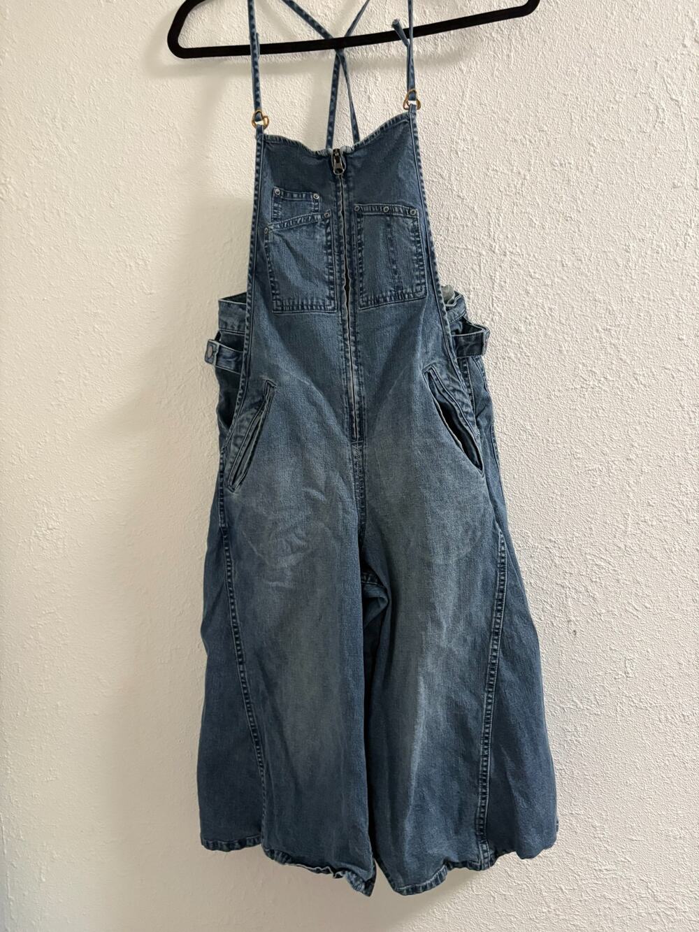 Initial Wide-Leg Denim Overall Jumpsuit — Sm